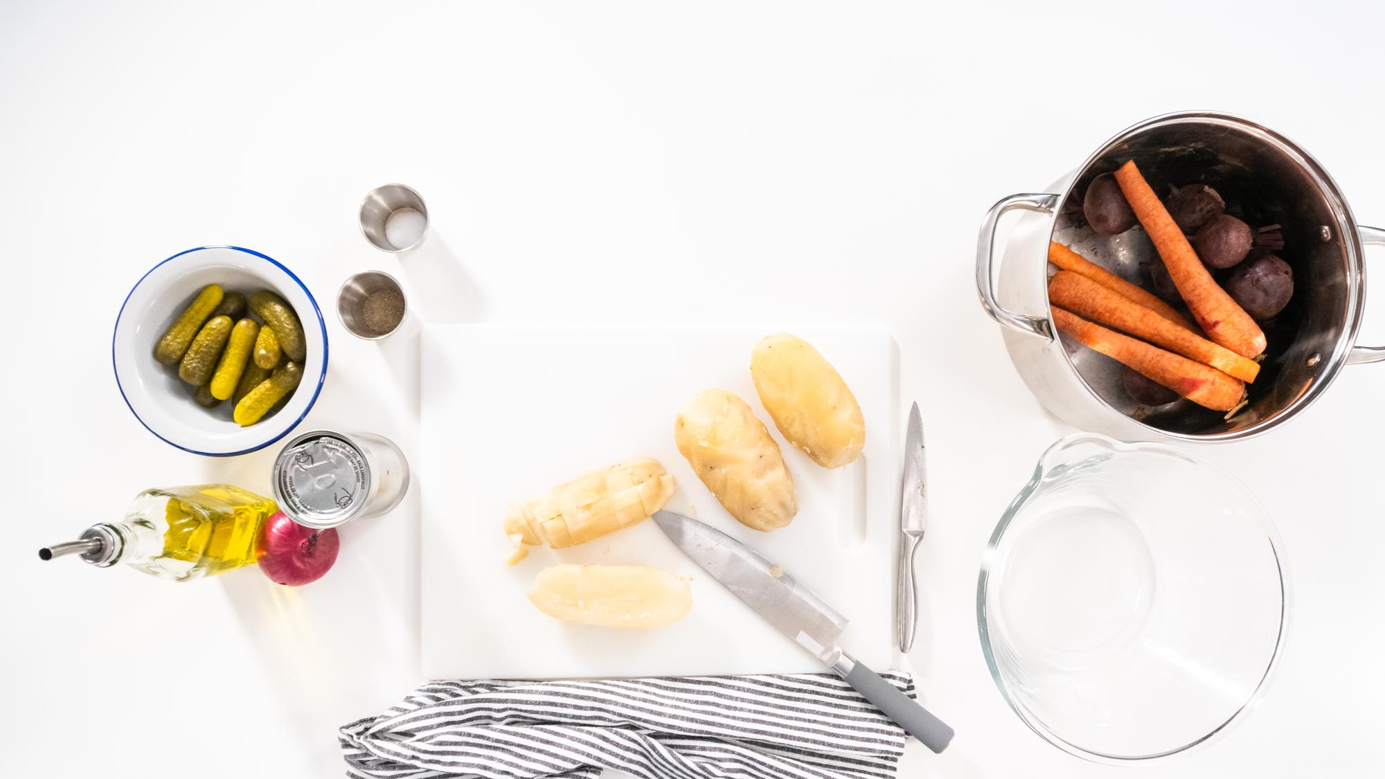 Bright studio counter with cooking tools and ingredients